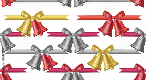 Repetitive pattern of silver gold and red christmas bells with ribbons on a white background design