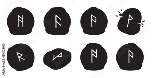 Collection of hand-drawn ancient runic symbols from a futhark alphabet, illustrated on black stones for divination or esoteric practices