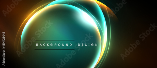 Abstract glowing lines form circular shapes. Teal, orange, yellow hues dominate dark background. Text reads background design.