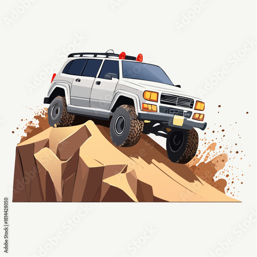 White SUV driving up a steep sandy hill with a white background, showcasing adventure and off-road capability