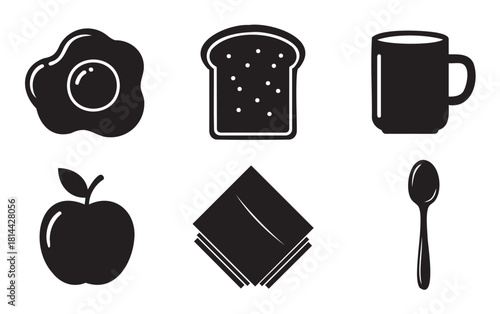 Graphic illustration of a breakfast meal icon set with a fried egg, slice of bread, mug, apple, napkin, and spoon, designed in a simple black silhouette style