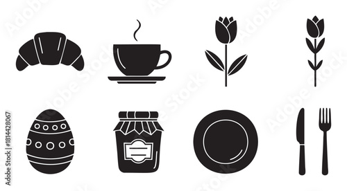 Collection of black silhouette icons for a spring holiday breakfast, featuring a croissant, coffee, decorated egg, jam, flowers, and cutlery