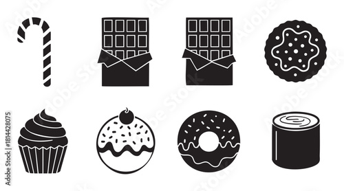 Graphic collection of black silhouette icons depicting various confectionery and dessert items like a candy cane, chocolate bar, cupcake, donut, and cookie