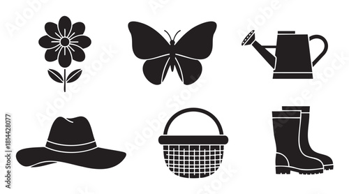 Collection of black silhouette icons representing gardening and nature, including a flower, butterfly, watering can, hat, basket, and rubber boots