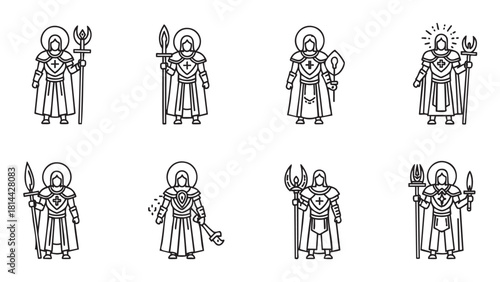 Set of eight minimalist line art icons depicting a holy warrior or paladin in armor with a halo, holding various weapons like a spear and staff