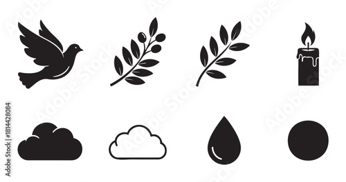 Minimalist black icon set with symbolic elements like a flying dove, olive branch, lit candle, and cloud, designed in a clean, flat graphic style and