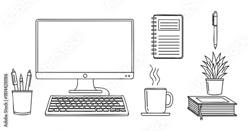 Hand-drawn black and white illustration set of various office supplies and workspace items like a computer, notebook, coffee mug, and plant