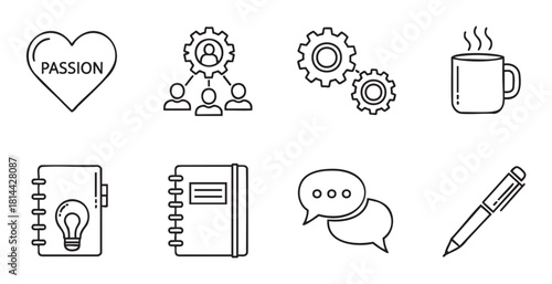 Collection of black and white line art icons representing business concepts like passion, teamwork, ideas, and communication