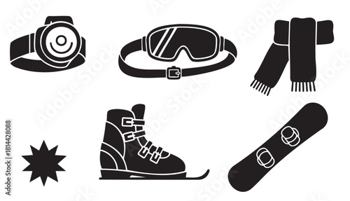 Set of black silhouette icons for winter sports equipment, including a snowboard, boot, goggles, scarf, and headlamp