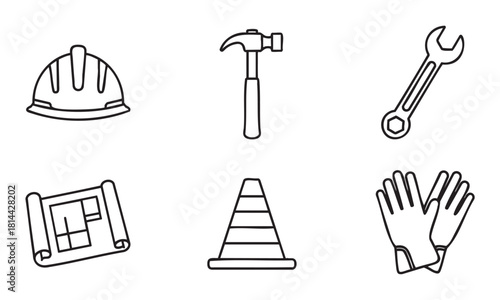 Set of six construction and building industry icons including a hard hat, hammer, wrench, blueprint, cone, and gloves, rendered in a clean black and white line art style