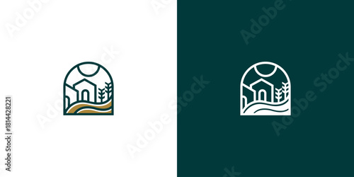 Minimalist Farm Logo with Arched Window Frame and Rural Landscape