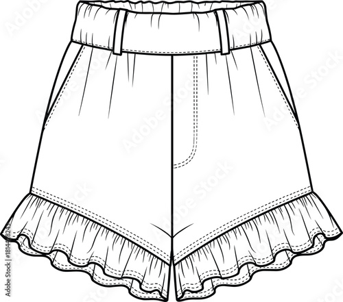 High waist shorts technical fashion sketch, ruffled hem, belt loops, side pockets, center seam, garment construction, vector template, apparel design, sewing detail,