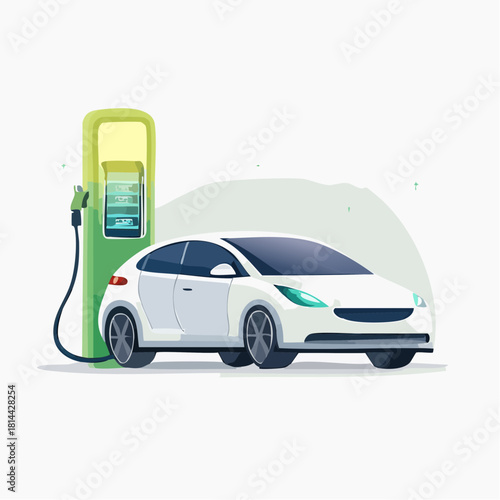 Vector illustration of a contemporary electric car at a charging station, promoting green energy and sustainable travel