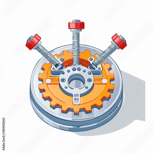 Vibrant illustration of a robust mechanical assembly featuring interconnected gears, bolts, and nuts, symbolizing precision engineering, industrial strength, and efficient system design