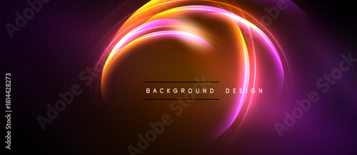Abstract neon lights form curved shapes. Orange, pink, purple hues blend against dark background. Text reads background design.