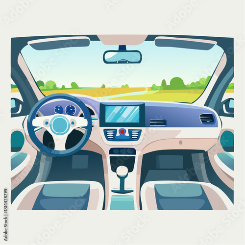 View from the driver's seat of a modern car interior with a scenic landscape visible through the windshield on a sunny day