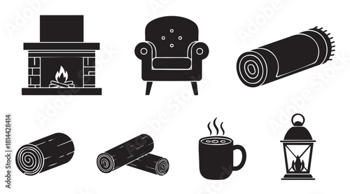 Cozy home comfort and winter relaxation icon set with a fireplace, armchair, logs, hot drink, and lantern, presented as black silhouettes
