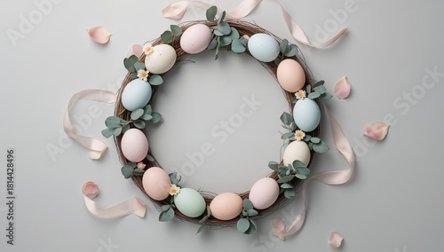 Spring Wreath Decoration With Pastel Colored Eggs and Ribbons on Light Backgr...