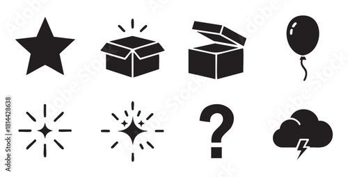 Versatile collecti, featuring symbols for surprise, celebration, mystery, weather, and rating like a star, open box, and balloon