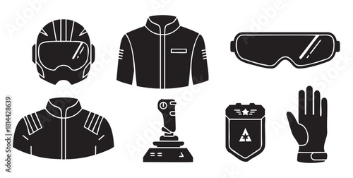 Set of black glyph icons representing pilot equipment, including a flight helmet, jacket, goggles, joystick, glove, and insignia patch