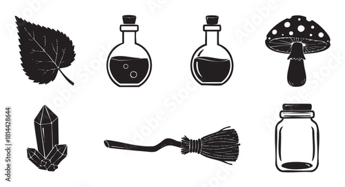 Mystical collection of black silhouette witchcraft items, featuring potion bottles, a crystal cluster, a magic mushroom, and a broom