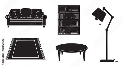 Set of black silhouette icons depicting classic living room furniture and decor, including a sofa, bookcase, floor lamp, coffee table, and rug