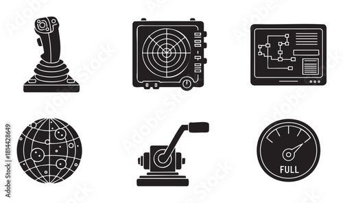 Set of six black glyph icons representing technology and control, including a joystick, radar, diagram, planet, lever, and gauge