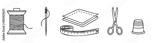 Set of black and white line art icons for sewing and tailoring, including a thread spool, needle, fabric swatch, measuring tape, scissors, and thimble