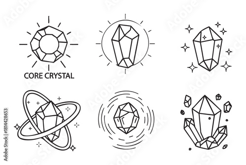 Set of various crystal logo templates and icons drawn in a simple black outline style, depicting precious gems with sparkles and energy lines