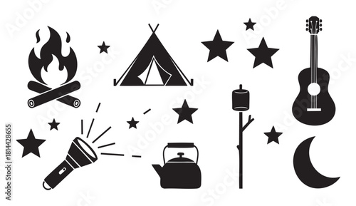 Collection of black silhouette icons representing camping and outdoor adventure, including a campfire, tent, guitar, flashlight, and marshmallow
