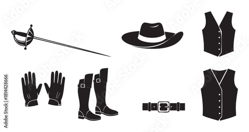 Set of black silhouette icons representing a historical adventurer's costume, including a rapier sword, hat, vest, boots, gloves, and belt