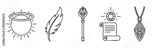 Collection of fantasy and magic-themed icons in a simple line art style, featuring a glowing orb, feather quill, ornate scepter, scroll with a gem, and a mystical amulet