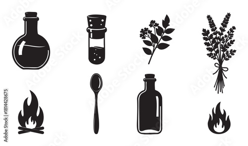 Collection of black silhouette icons representing alchemy and herbalism, including potion bottles, herbs, fire, and a spoon