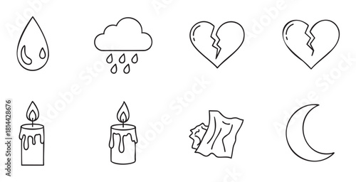 Collection of minimalist black line art icons representing sadness, heartbreak, and grief, including a teardrop, broken heart, rain cloud, candle, and mo
