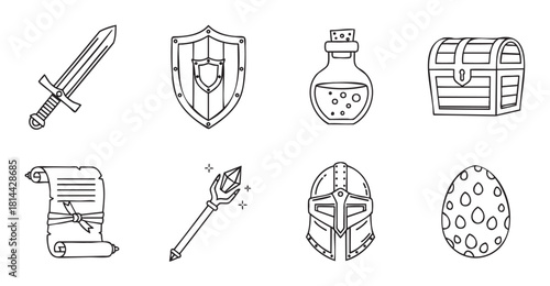 Collection of hand-drawn fantasy role-playing game icons, including a sword, shield, potion, treasure chest, and magic staff