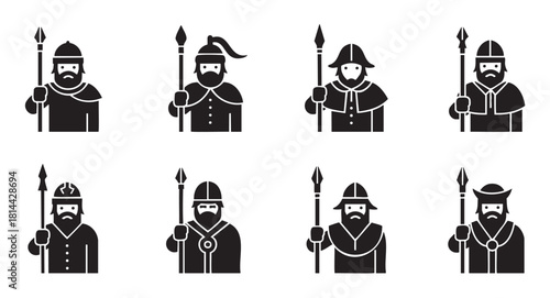 Diverse set of eight historical warrior icons in a bold black silhouette style, showing bearded guards with various helmets and spears against a clean white background