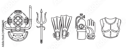 Set of black and white line art icons featuring vintage and modern diving equipment, including a helmet, trident, flippers, and scuba tank