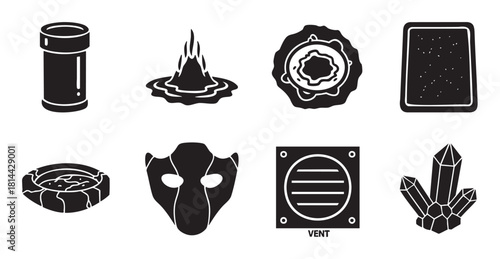 Graphic collection of various sci-fi and fantasy themed icons in a bold black and white style, depicting a mysterious mask, a crystal cluster, a geyser, and other symbolic elements