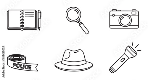 Collection of minimalist line art icons for detective and crime investigation themes, with a notebook, magnifier, camera, police tape, hat, and flashlight