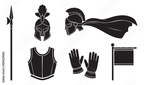 Set of black vector silhouettes depicting ancient warrior equipment, including a plumed helmet, spear, breastplate, gloves, and a banner
