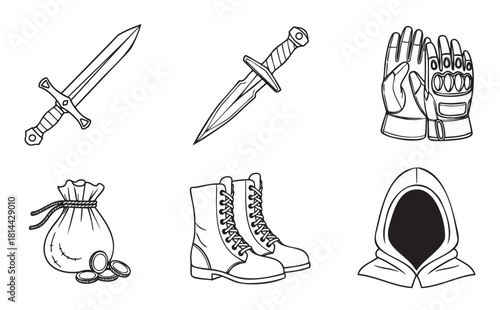 Hand-drawn vector illustration set of adventurer equipment for a fantasy role-playing game, featuring a sword, dagger, gauntlets, coin purse, boots, and a mysterious cloak hood