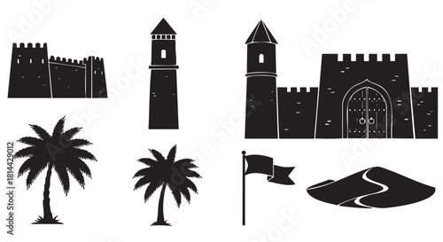 Collection of black silhouette icons featuring ancient desert elements like a fortress, castle, palm trees, sand dune, and flag