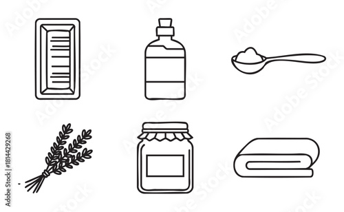 Set of hand-drawn line art icons representing spa, wellness, and aromatherapy items like lavender, essential oil, soap, and a towel