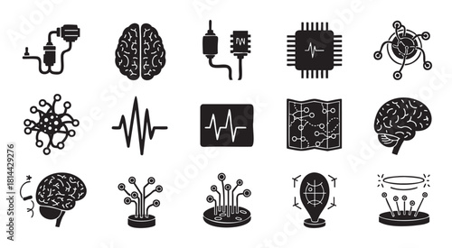 Collection of black glyph icons representing concepts of artificial intelligence, neuroscience, brain-computer interface, and futuristic technology