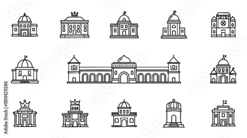 Collection of minimalist line art icons depicting various palaces, government buildings, and historical architectural landmarks