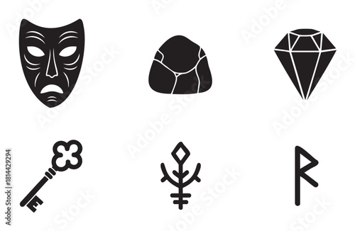 Collection of six black silhouette icons representing fantasy and mystery, featuring a theatrical mask, a gemstone, an ornate key, and esoteric symbols