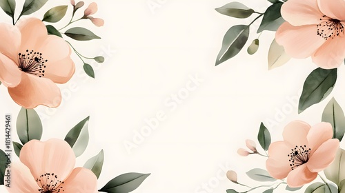 Soft peach colored blossoms and green foliage frame a creamy background space