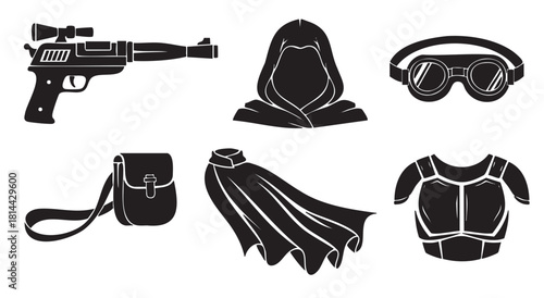 Collection of black silhouette icons representing science fiction or fantasy adventure gear, including a blaster, hood, goggles, armor, cape, and bag