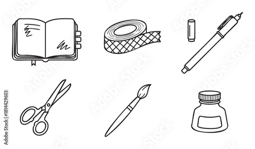 Hand-drawn collection of art and craft supply icons in a simple doodle style, featuring a notebook, pen, scissors, tape, paintbrush, and ink bottle