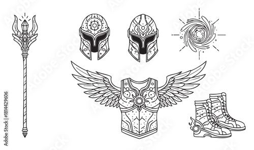 Set of fantasy warrior armor and magical items including helmets, winged breastplate, boots, and a crystal staff, illustrated in a clean black and white line art style